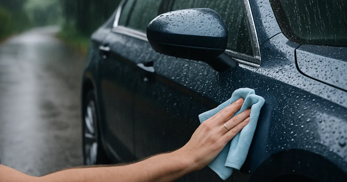 雨に濡れた車のボディを拭いている様子